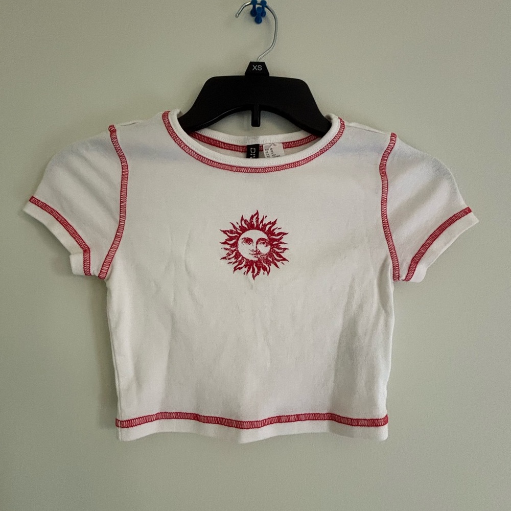 White Crop Top with Red Sun Design